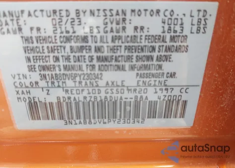 2023 Nissan Sentra Sr from USA, damaged, VIN 3N1AB8DV6PY230342